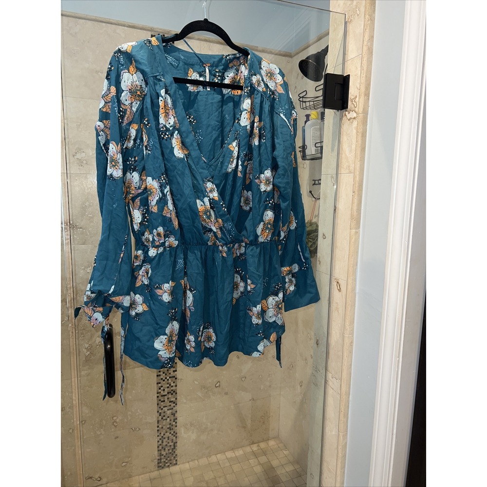 Free People Boho Floral Tunic Mini Dress Green Pink Medium M Kimono Wrap Top